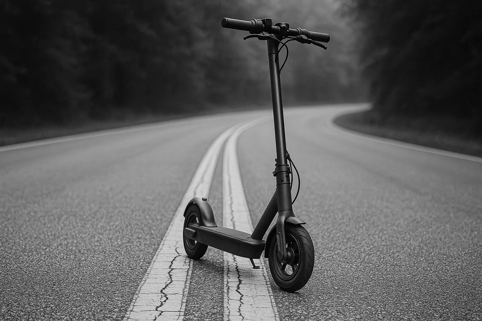Ηλεκτρικό πατίνι παρκαρισμένο σε άδειο δρόμο με διπλή γραμμή, σε ασπρόμαυρη φωτογραφία, με φόντο δάσος