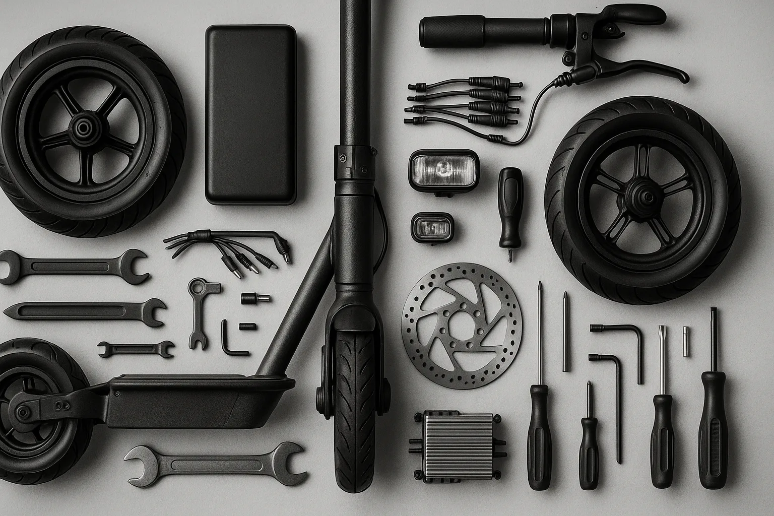 Ασπρόμαυρη φωτογραφία από πάνω με εξαρτήματα ηλεκτρικού πατινιού τακτοποιημένα σε λευκή επιφάνεια